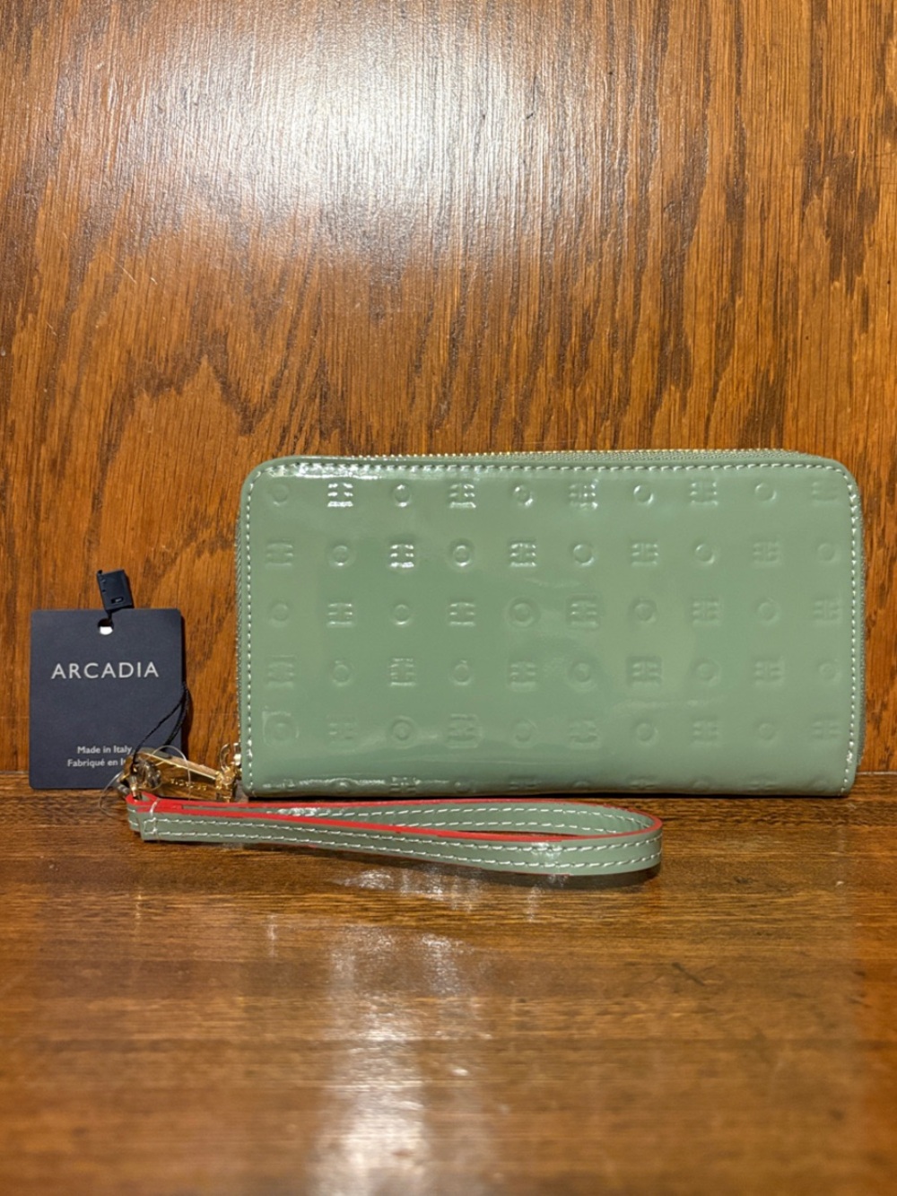 NWT-Arcadia-Zip Around Continental Wallet-Embossed Logo-Patent Leather-Sage
